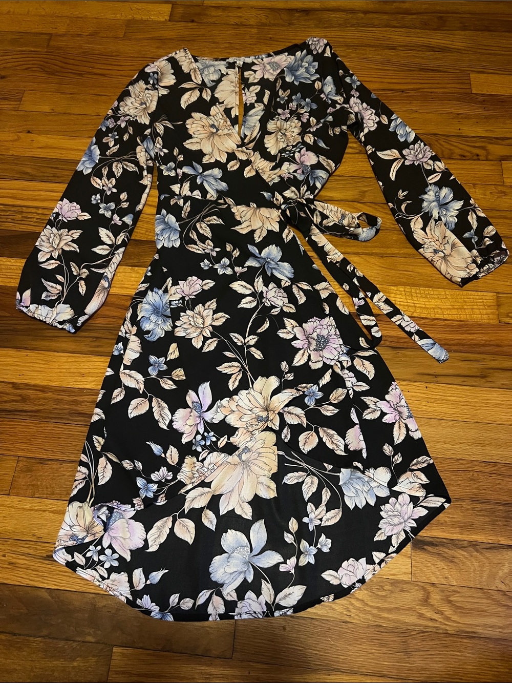 Floral Wrap Midi Dress in Black with Pastel Blooms